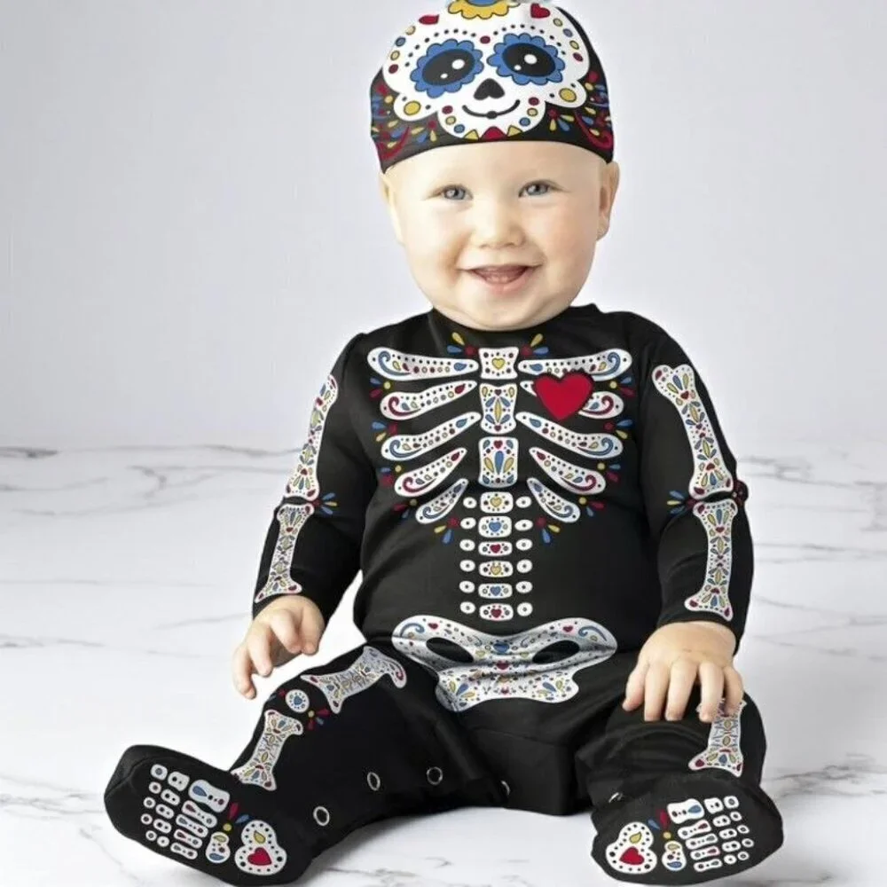 Infants Sugar Skull Skeleton Jumpsuit Cap Halloween Costume 0-6 Months Black NEW